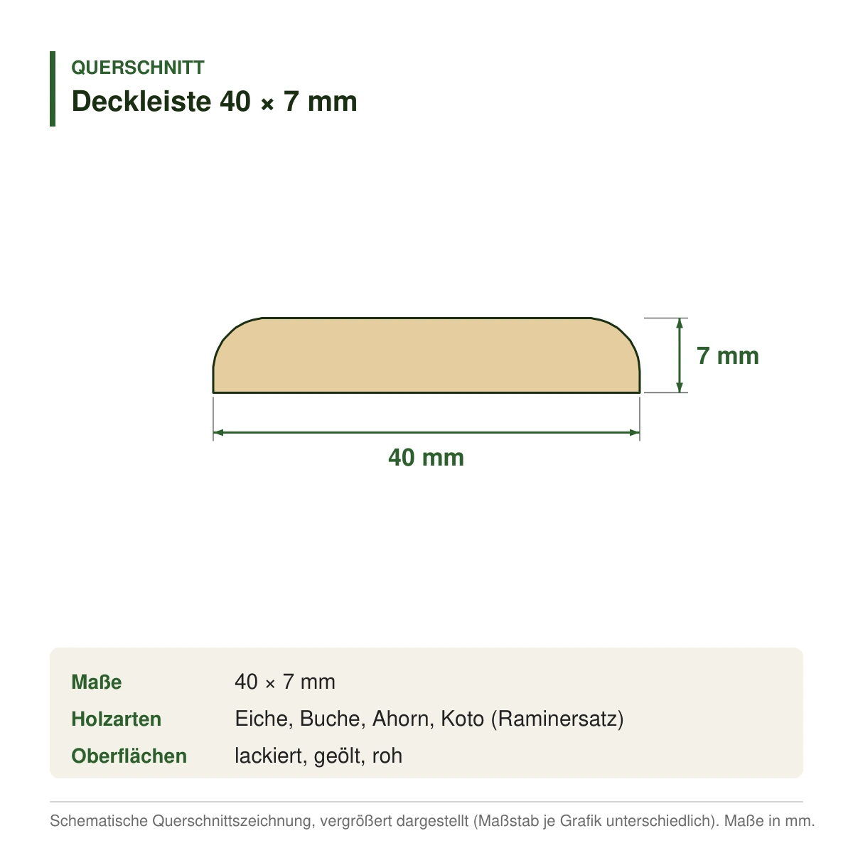 Deckleiste 40 × 7 mm in mehreren Holzarten – Querschnitt mit Maßen (Zeichnung)