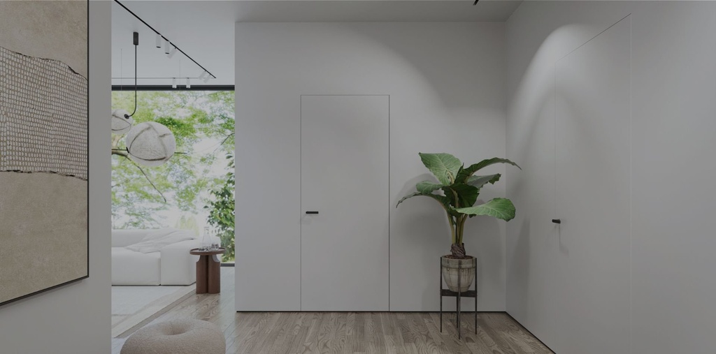 Simi-lar wandbündige Innentür weiß, bündig mit der Wand - Maße: 2110 x 735 mm, Beschlagfarbe: Schwarz (Bänder, Schloss & Dichtung), DIN: Rechts, Variante: ziehen, Schlüssellochbohrung: ohne Schlüssellochbohrung