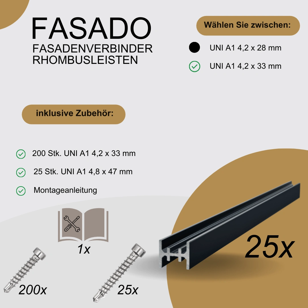 FASADO - Fassadenverbinder für Rhombusleisten/-profile | 28 / 33 mm - Schrauben Länge in mm: 33, Schrauben STK: 200