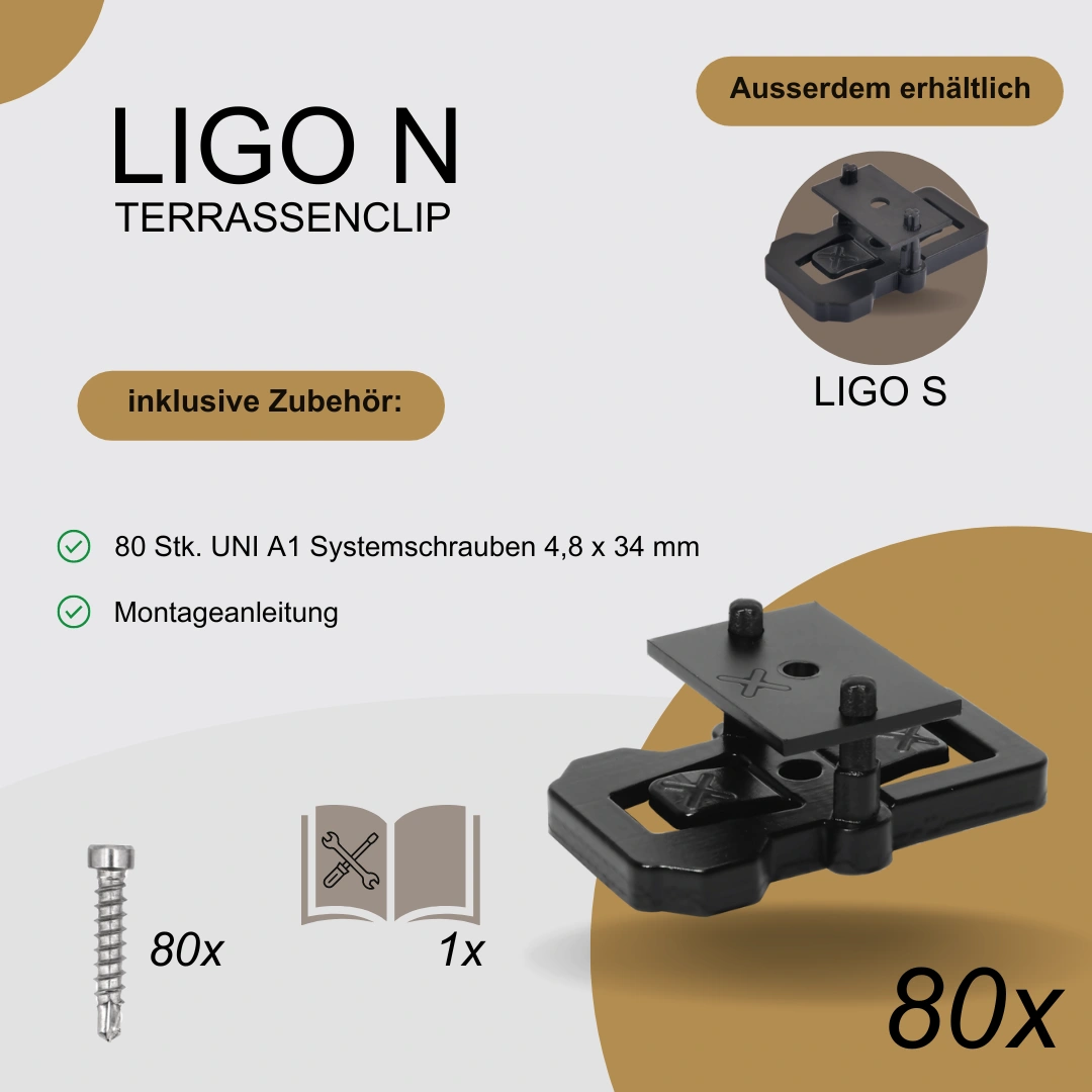 LIGO N Terrassenclip | Terrassenverbinder mit Nutplatte aus Edelstahl - STK / VPE: 80 STK/VPE, Typ: 34