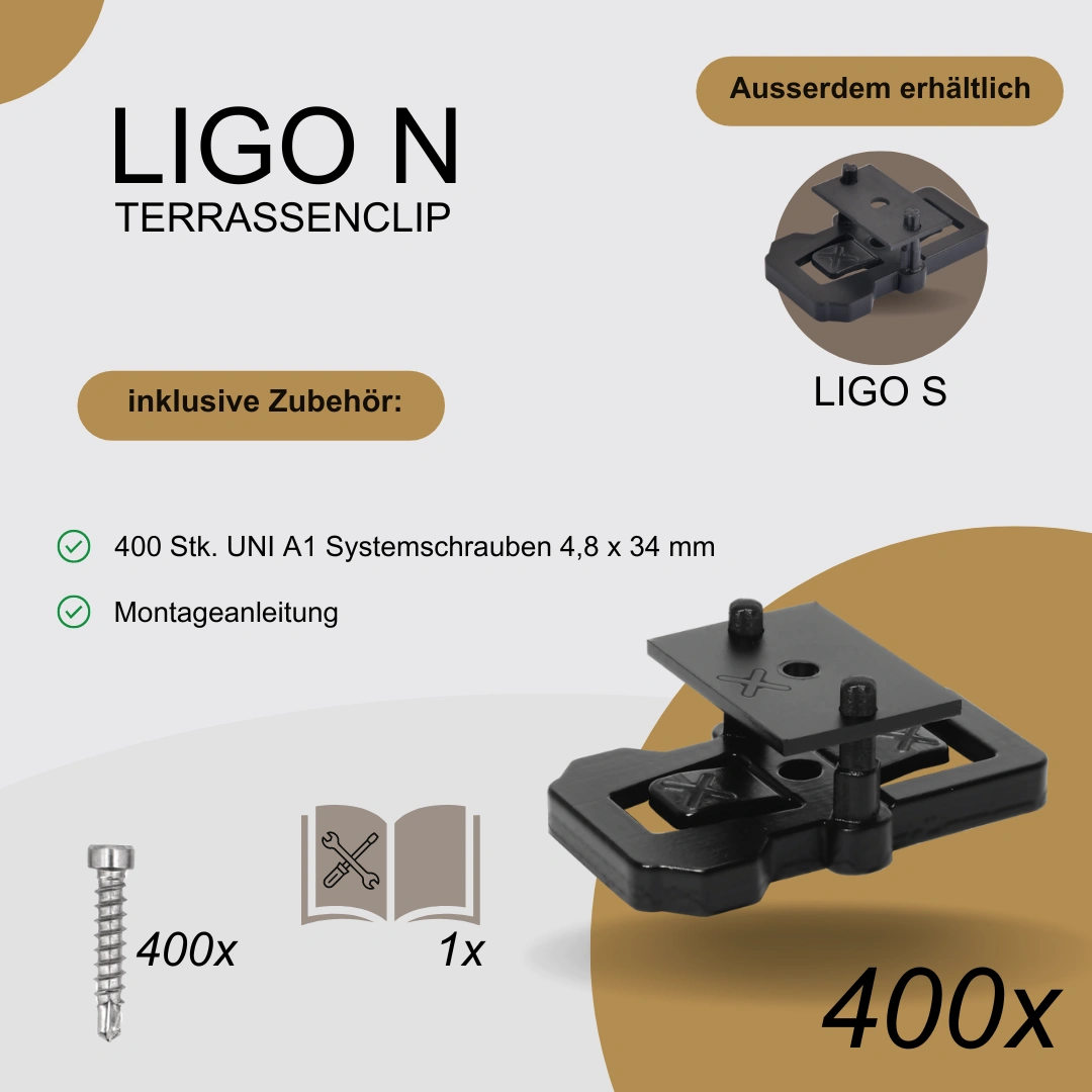 LIGO N Terrassenclip | Terrassenverbinder mit Nutplatte aus Edelstahl - STK / VPE: 400 STK/VPE, Typ: 34
