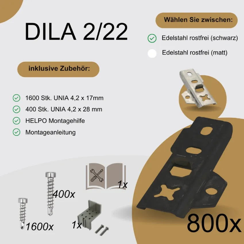 [006912000] DILA 2/22 Edelstahl Terrassenclip | verdecktliegende Befestigung Terrassendielen (800 Stk., Schwarz)