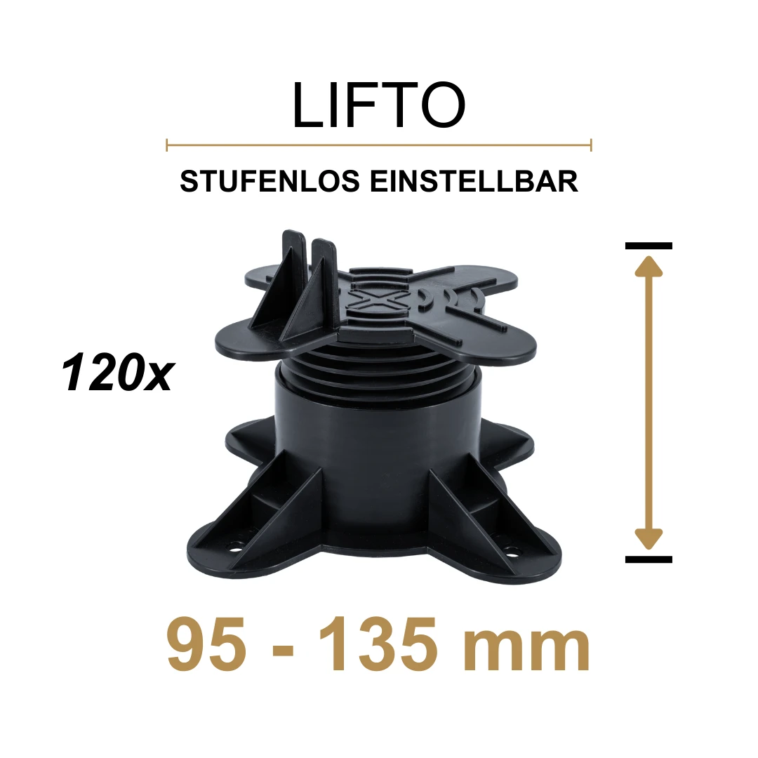 LIFTO höhenverstellbarer Terrassenfuß | präziser Höhenausgleich [35-135 mm] für Terrassenunterkonstruktionen - Höhe in mm: 95-135mm (120 Stk)