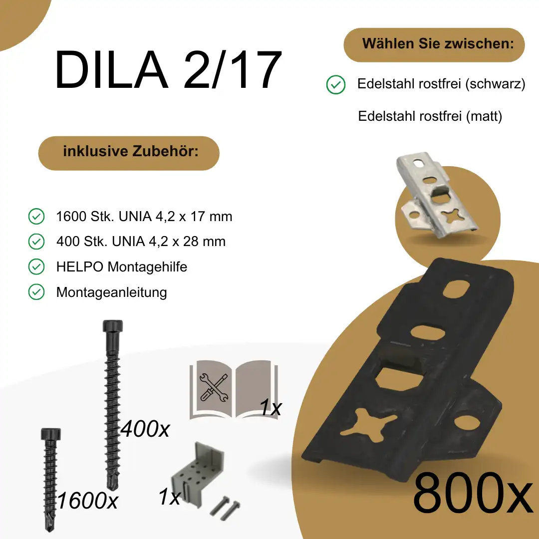 [006812000] DILA 2/17 Edelstahl Terrassenclip | verdecktliegende Befestigung (800 Stk., Schwarz)
