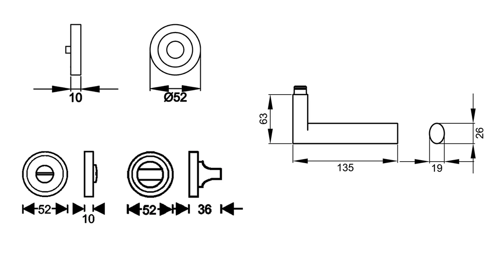 Technische Zeichnung [ER45 BAD 81] Karcher Drückergarnitur "Madeira" ER45 (Antik Bronzeoptik, Bad/WC)