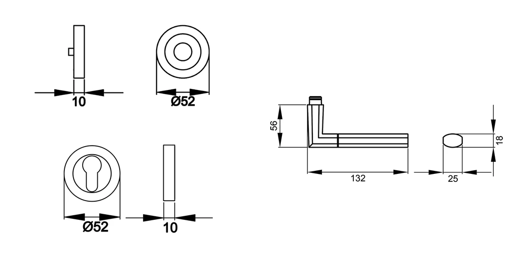 Technische Zeichnung [ER48 PZ0 71] Karcher Drückergarnitur "Oregon" ER48 (Edelstahl matt, Profilzylinder)
