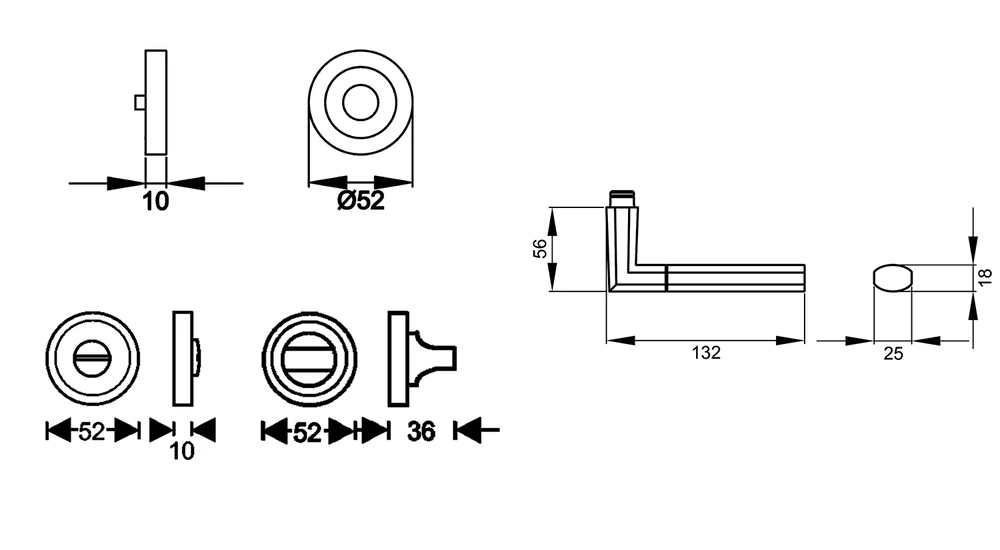 Technische Zeichnung [ER48 BAD 71] Karcher Drückergarnitur "Oregon" ER48 (Edelstahl matt, Bad/WC)