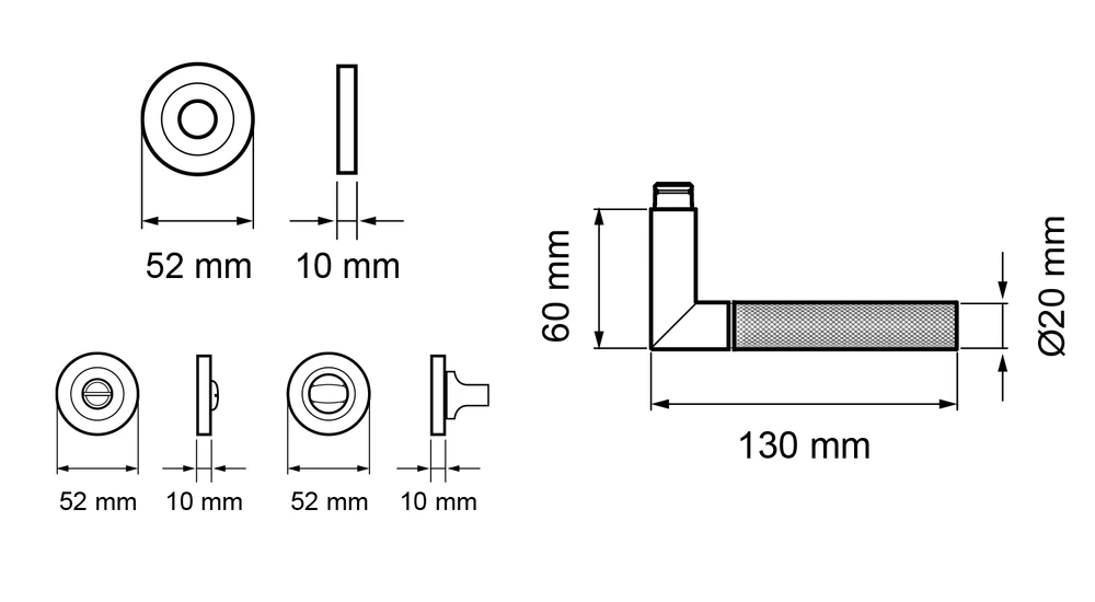 Technische Zeichnung [ER60 BAD 71] Karcher Drückergarnitur "Studio One" ER60 (Edelstahl matt, Bad/WC)
