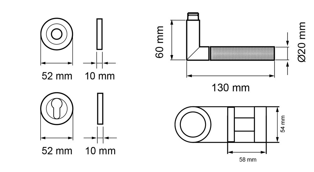 Technische Zeichnung [ER60 WGR 83] Karcher Drückergarnitur "Studio One" ER60 (Kosmos Schwarz, Wechselgarnitur rechts)
