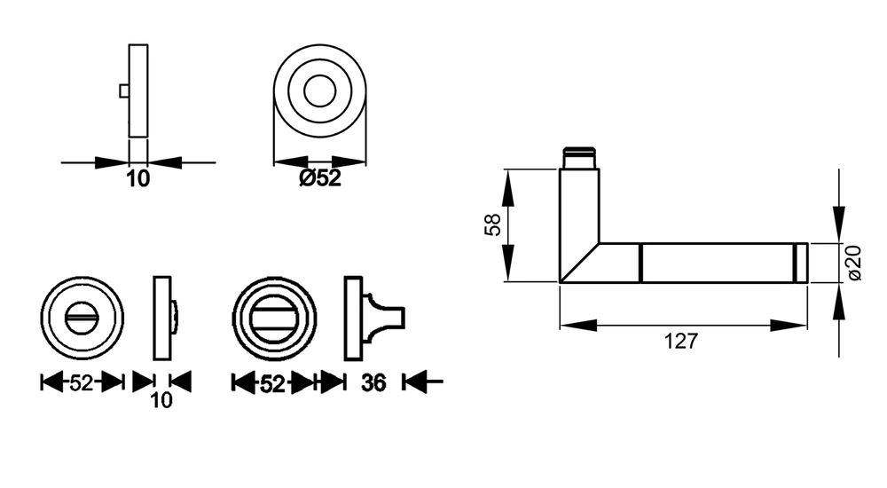 Technische Zeichnung [ER34 BAD 71] Karcher Drückergarnitur "Rio Steel" ER34 (Edelstahl matt, Bad/WC)