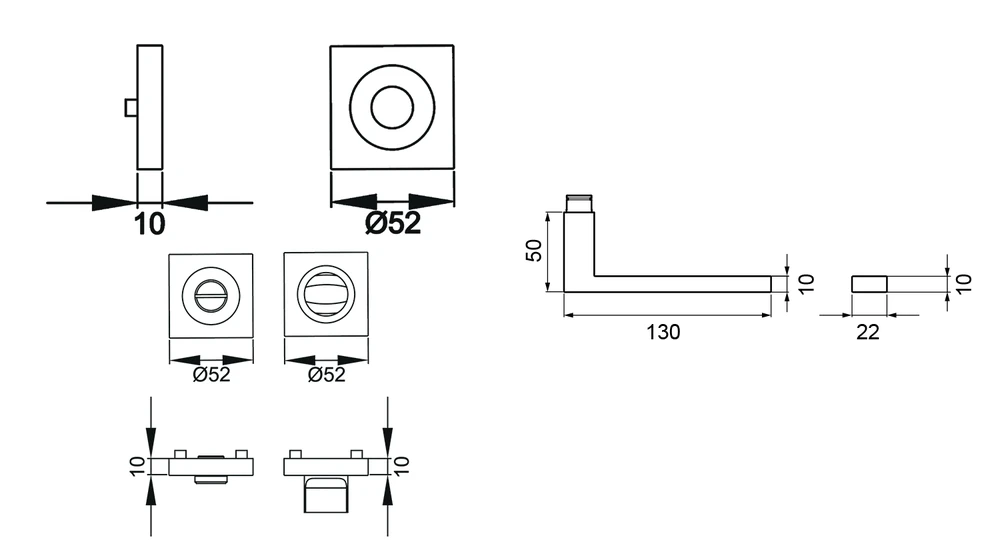Technische Zeichnung [ER61Q BAD 71] Karcher Drückergarnitur "Venedig" ER61Q (Edelstahl matt, Bad/WC)