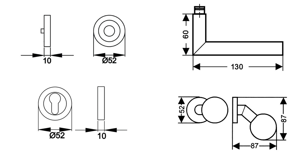 Technische Zeichnung [ER29 WGR 71] Karcher Drückergarnitur "Zypern" ER29 (Wechselgarnitur rechts)