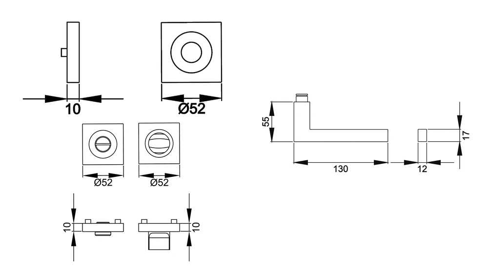 Technische Zeichnung [ER58Q BAD 71] Karcher Drückergarnitur "Boston" ER58Q (Edelstahl matt, Bad/WC)