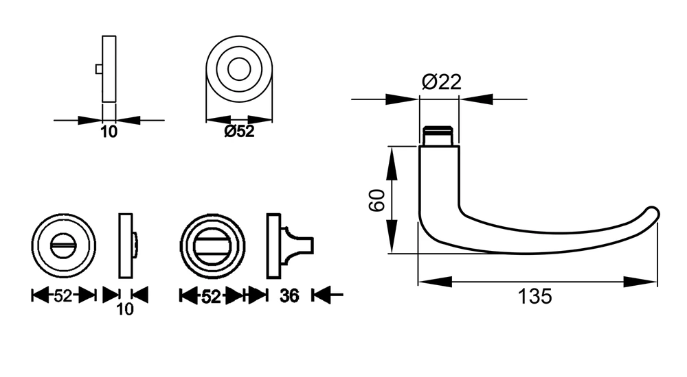 Technische Zeichnung [ER22 BAD 71] Karcher Drückergarnitur "Elba" ER22 (Bad/WC)