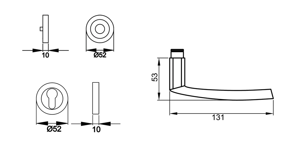 Technische Zeichnung [ER14 PZ0 71] Karcher Drückergarnitur "Island" ER14 (Profilzylinder)