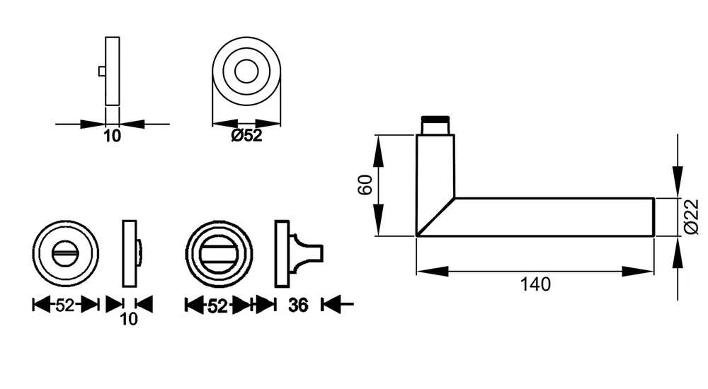 Technische Zeichnung [ER18 BAD 71] Karcher Drückergarnitur "Rhodos XL" ER18 (Bad/WC)