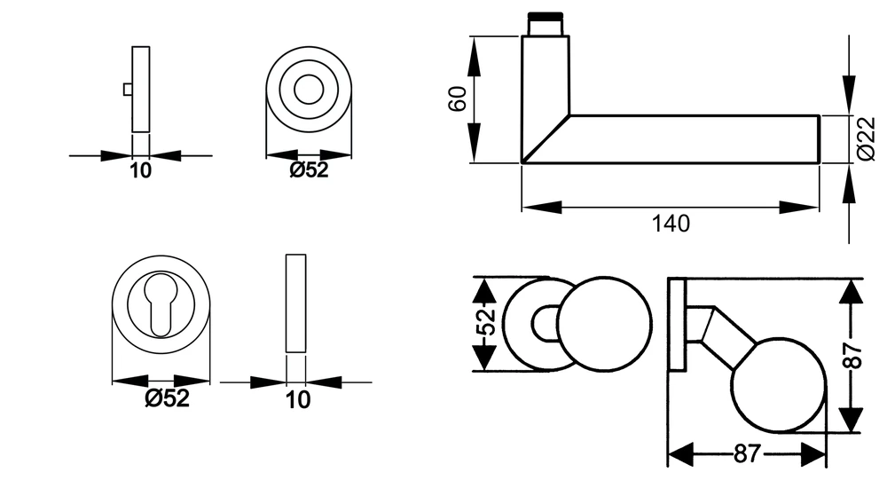 Technische Zeichnung [ER18 WGR 71] Karcher Drückergarnitur "Rhodos XL" ER18 (Wechselgarnitur rechts)