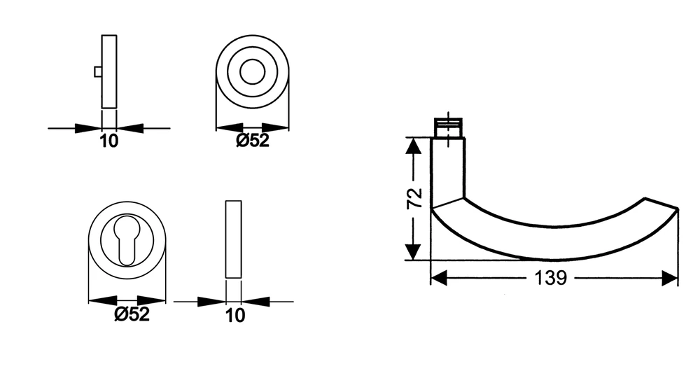 Technische Zeichnung [ER26 PZ0 71] Karcher Türgriff-Garnitur "Sylt" ER26 (Edelstahl) (Profilzylinder)