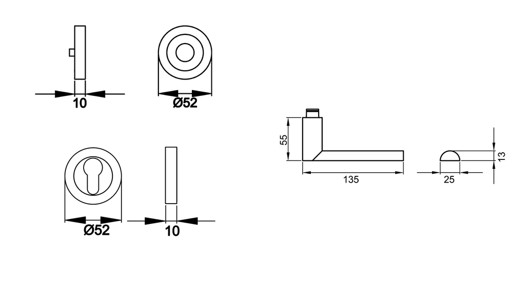 Technische Zeichnung [ER51 PZ0 71] Karcher Drückergarnitur "London" ER51 (Profilzylinder)