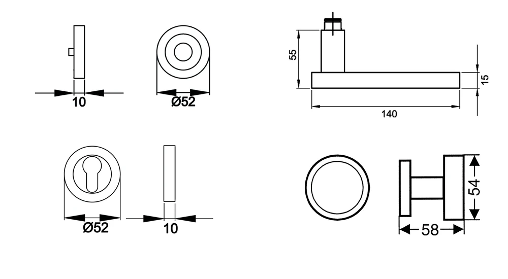 Technische Zeichnung [ER52 WGR 71] Karcher Drückergarnitur "Milano" ER52 (Wechselgarnitur rechts)