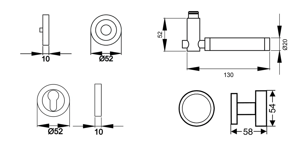 Technische Zeichnung [ER65 WGR 73] Karcher Drückergarnitur "New York" ER65 (Wechselgarnitur rechts)