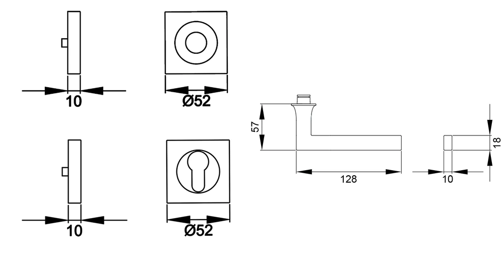 Technische Zeichnung [ER57Q PZ0 71] Karcher Drückergarnitur "Soho" ER57Q (Edelstahl matt, Profilzylinder)