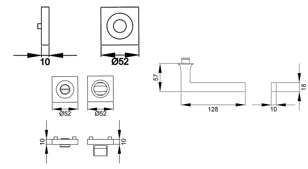 Technische Zeichnung [ER57Q BAD 71] Karcher Drückergarnitur "Soho" ER57Q (Edelstahl matt, Bad/WC)