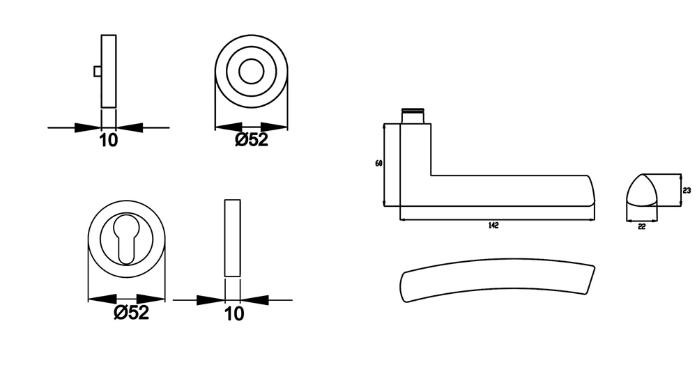 Technische Zeichnung [ER56 PZ0 71] Karcher Drückergarnitur "Madrid" ER56 (Profilzylinder)