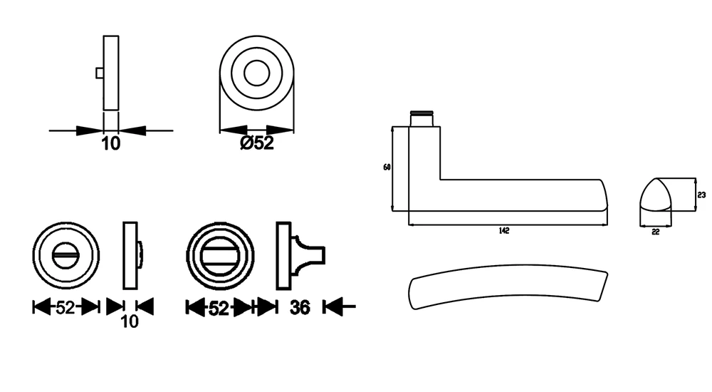 Technische Zeichnung [ER56 BAD 71] Karcher Drückergarnitur "Madrid" ER56 (Bad/WC)