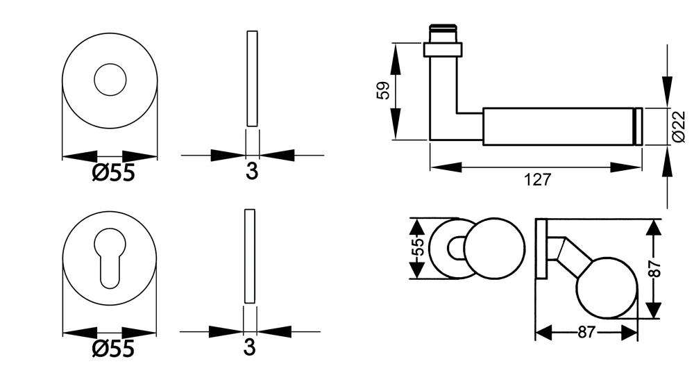 Technische Zeichnung [EPL31 WG RL 71] Karcher Drückergarnitur "Tasmania" EPL31 (Wechselgarnitur (links/rechts))