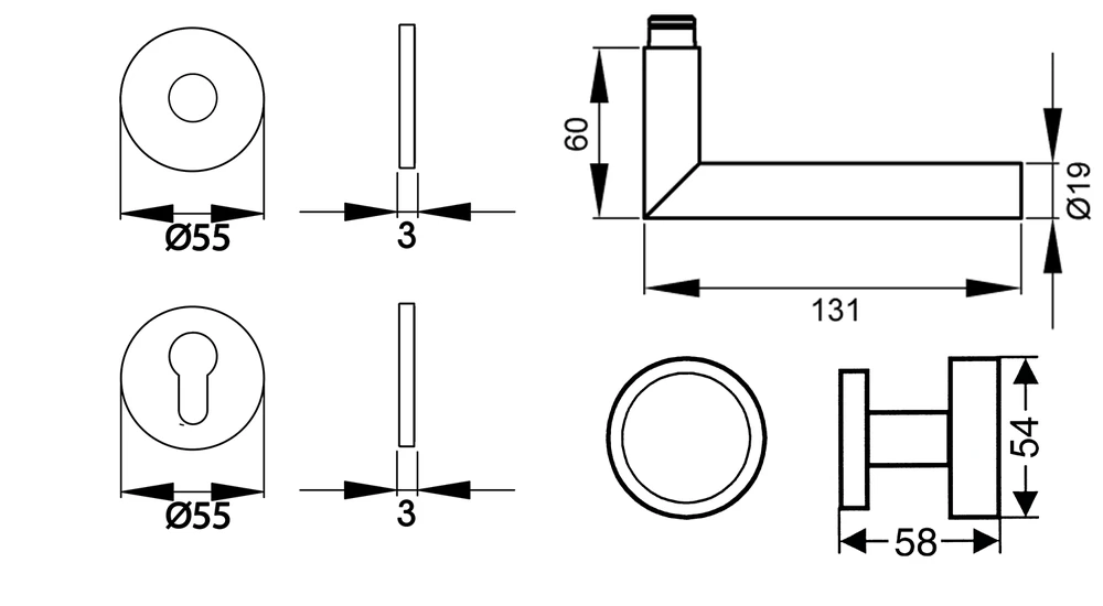 Technische Zeichnung [EPL54 WG RL 89] Karcher Drückergarnitur "Montana" EPL54 (Wechselgarnitur (links/rechts))