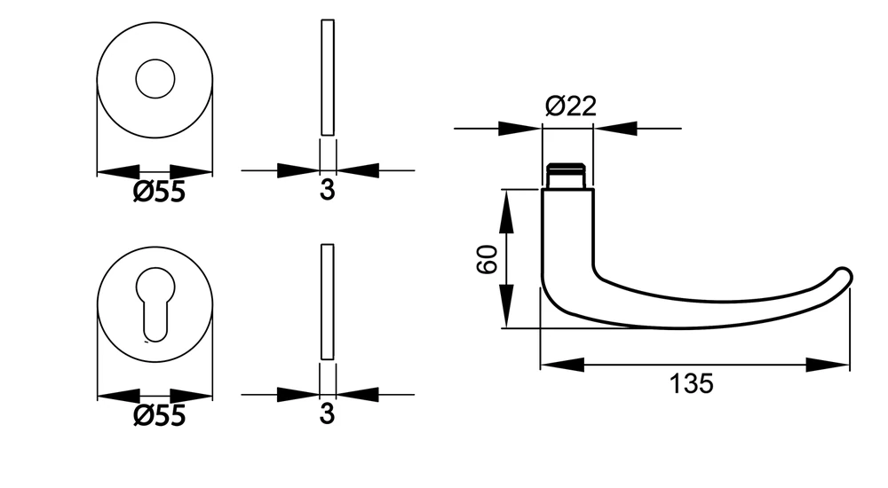 Technische Zeichnung [EPL22 PZ0 71] Karcher Drückergarnitur "Elba" EPL22 (Profilzylinder)