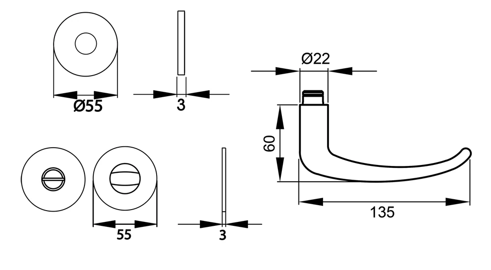 Technische Zeichnung [EPL22 BAD 71] Karcher Drückergarnitur "Elba" EPL22 (Bad/WC)