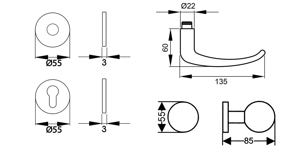 Technische Zeichnung [EPL22 WG RL 71] Karcher Drückergarnitur "Elba" EPL22 (Wechselgarnitur (links/rechts))