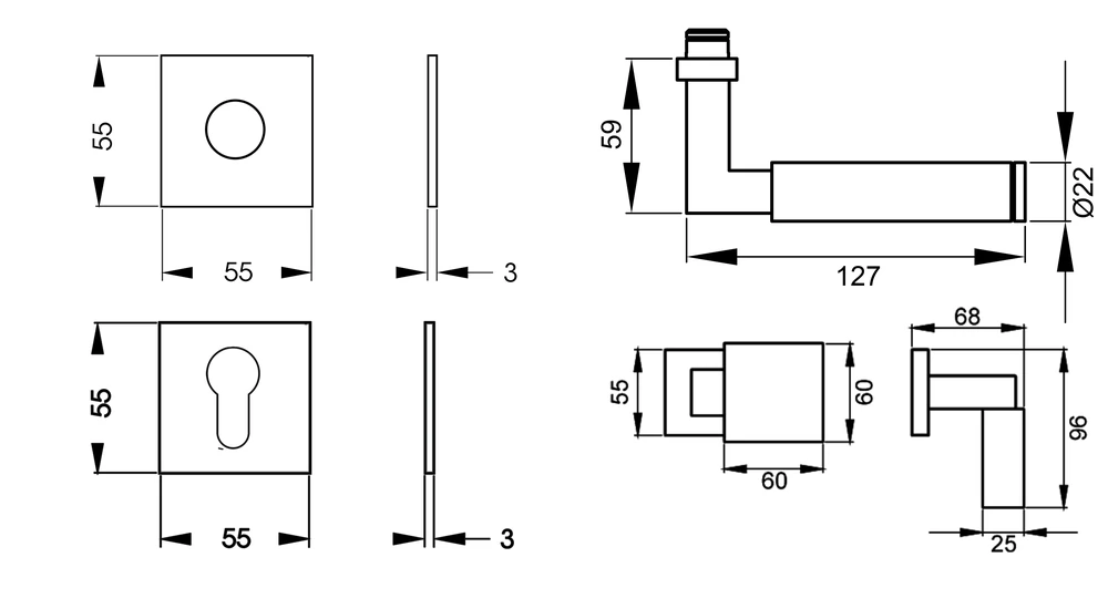 Technische Zeichnung [EPL31Q WG RL 71] Karcher Drückergarnitur "Tasmania" EPL31Q (Wechselgarnitur (links/rechts))