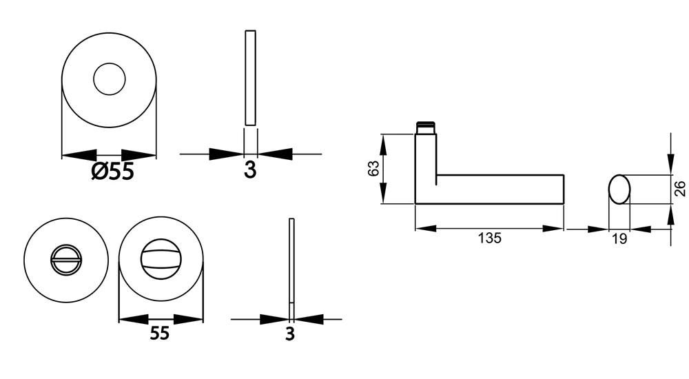Technische Zeichnung [EPL45 BAD 71] Karcher Drückergarnitur "Madeira" EPL45 (Edelstahl matt, Bad/WC)