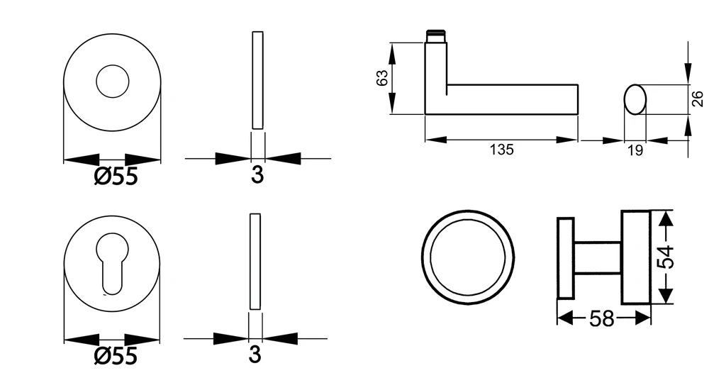 Technische Zeichnung [EPL45 WG RL 83] Karcher Drückergarnitur "Madeira" EPL45 (Kosmos Schwarz, Wechselgarnitur (links/rechts))