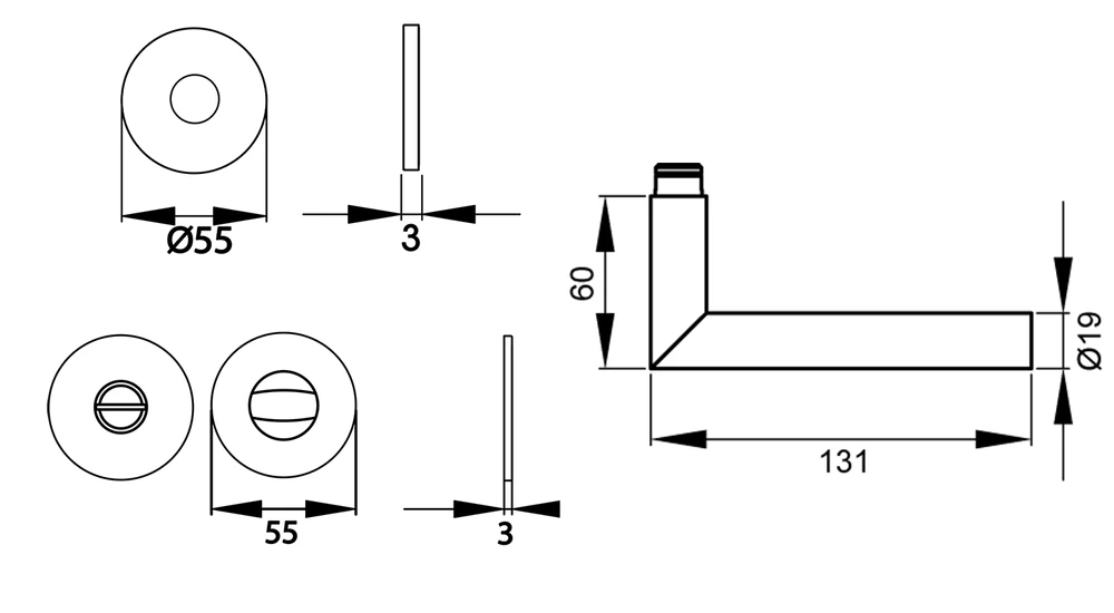 Technische Zeichnung [EPL28 BAD 83] Karcher Drückergarnitur "Rhodos" EPL28 (Kosmos Schwarz, Bad/WC)