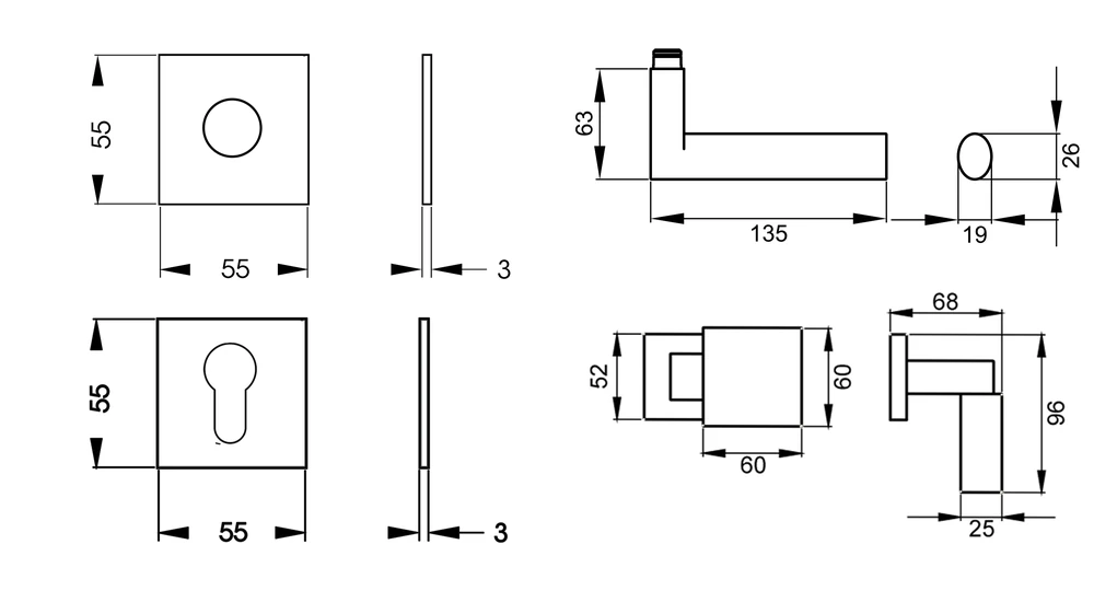 Technische Zeichnung [EPL45Q WG RL 81] Karcher Drückergarnitur "Madeira" EPL45Q (Antik Bronzeoptik, Wechselgarnitur (links/rechts))