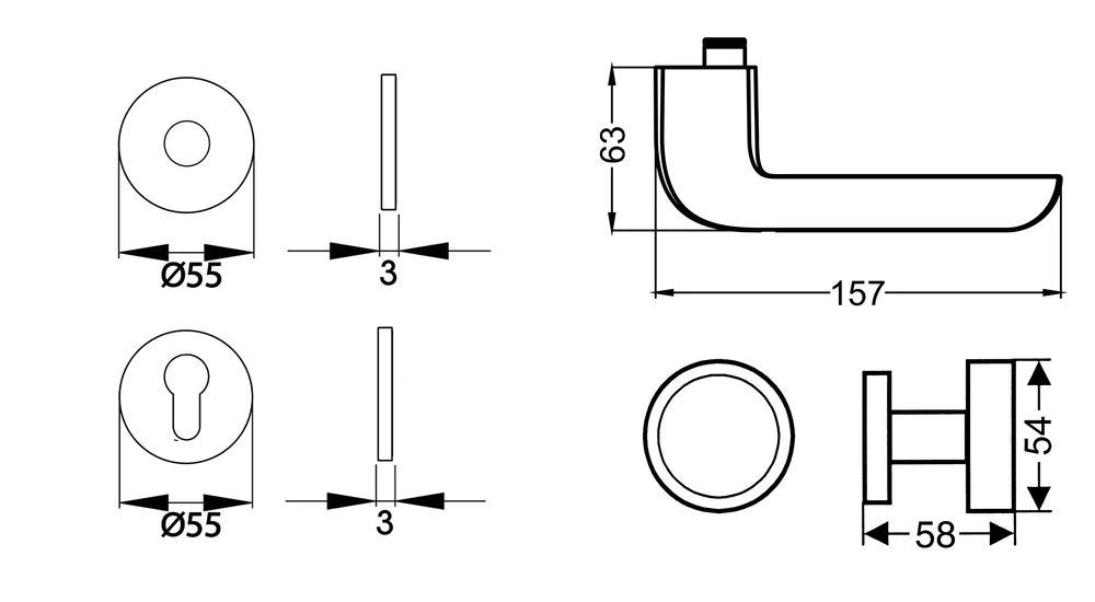 Technische Zeichnung [EPL86 WGR 71] Karcher Drückergarnitur "Tower" EPL86 (Wechselgarnitur rechts)