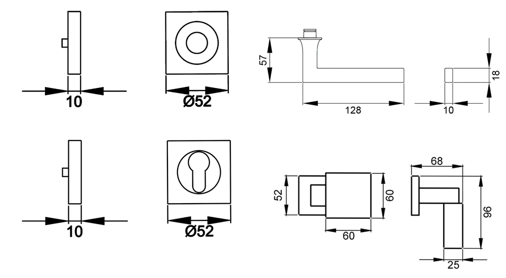 Technische Zeichnung [ER/FS 57Q WGL 71] Karcher Drückergarnitur "Soho" ER/FS57Q (Feuerschutz) (Edelstahl matt, Wechselgarnitur links)