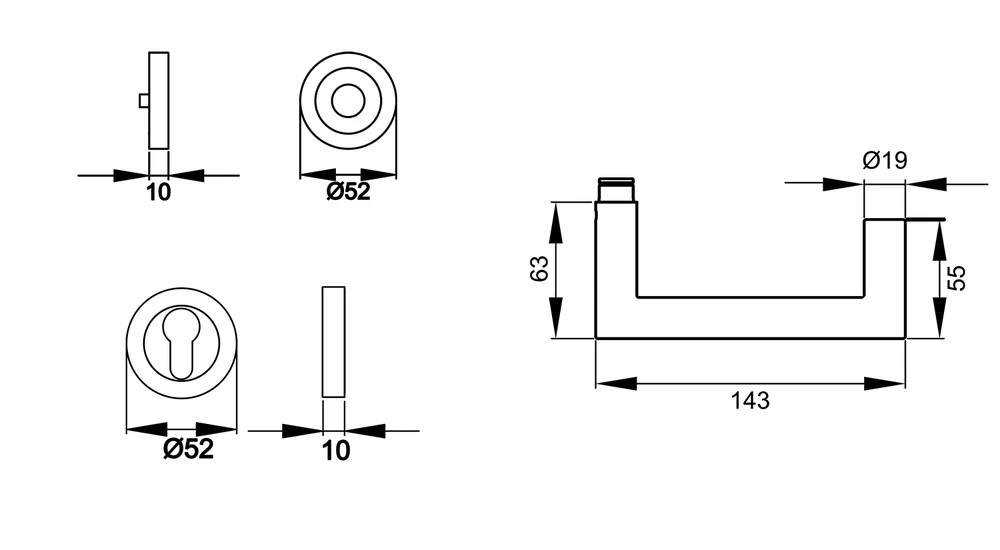 Technische Zeichnung [ER/FS 20V PZ0 83] Karcher Drückergarnitur "Kos" ER/FS20 (Feuerschutz) (Kosmos Schwarz, Profilzylinder)