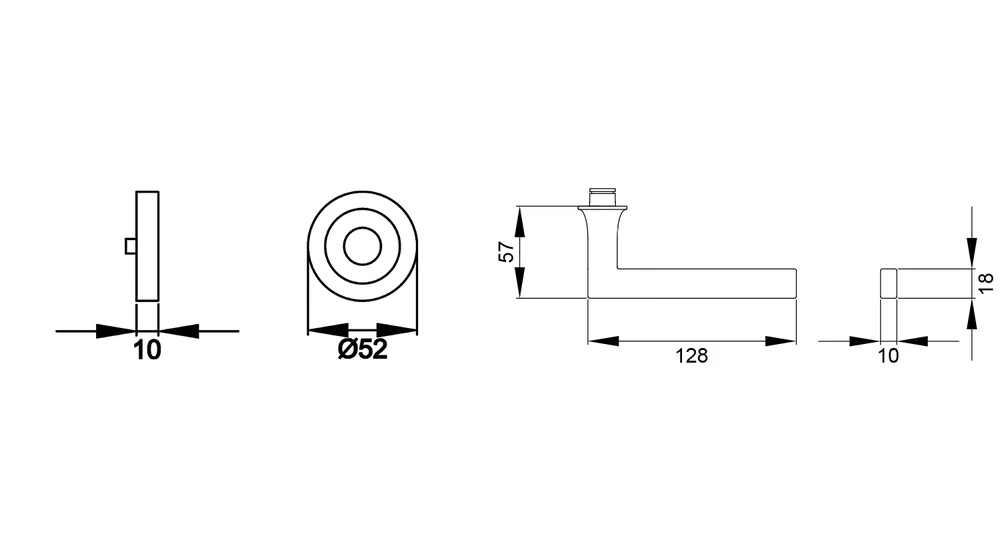 Technische Zeichnung [ER57 0S 71] Karcher Drückergarnitur "Soho" ER57 - Oberfläche: Edelstahl matt, Verriegelung: Ohne Schlüsselrosette (Edelstahl matt, Ohne Schlüsselrosette)