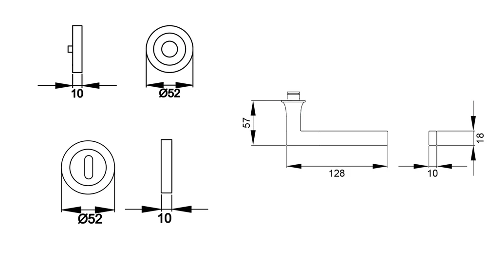 Technische Zeichnung [ER57 BB0 71] Karcher Drückergarnitur "Soho" ER57 (Edelstahl matt, Buntbart)