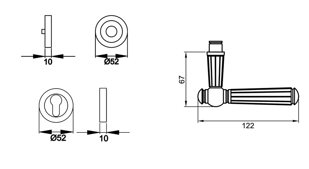 Technische Zeichnung [R260 PZ0 50] Karcher Drückergarnitur "Schöntal" R260 (Chrom, Profilzylinder)