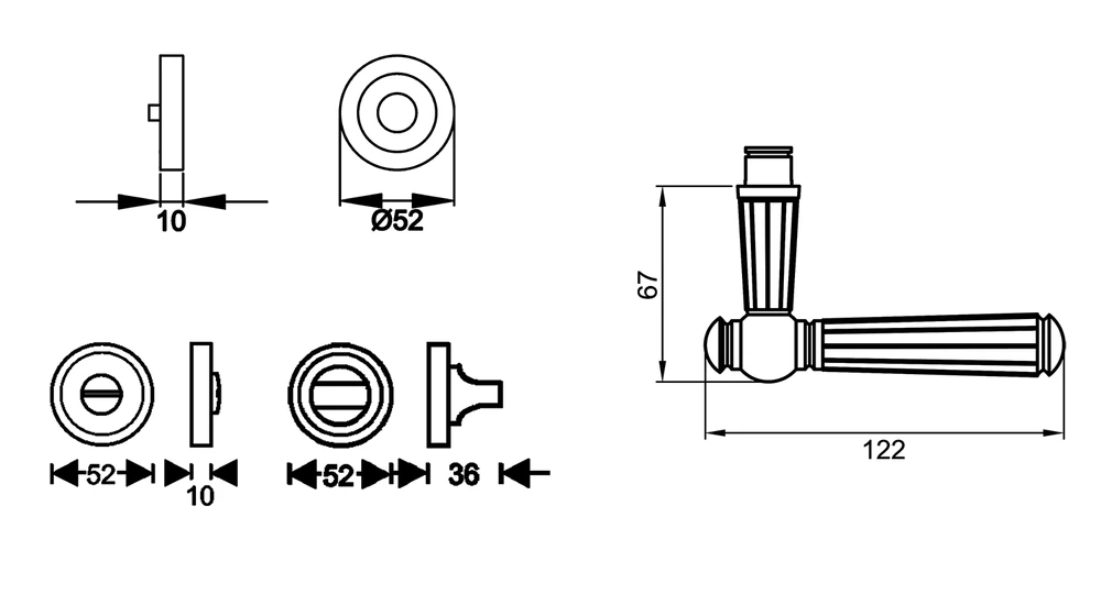 Technische Zeichnung [R260 BAD 50] Karcher Drückergarnitur "Schöntal" R260 (Chrom, Bad/WC)