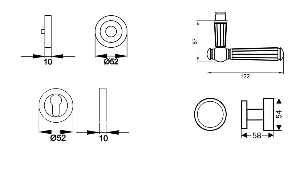Technische Zeichnung [R260 WGR 50] Karcher Drückergarnitur "Schöntal" R260 (Chrom, Wechselgarnitur rechts)