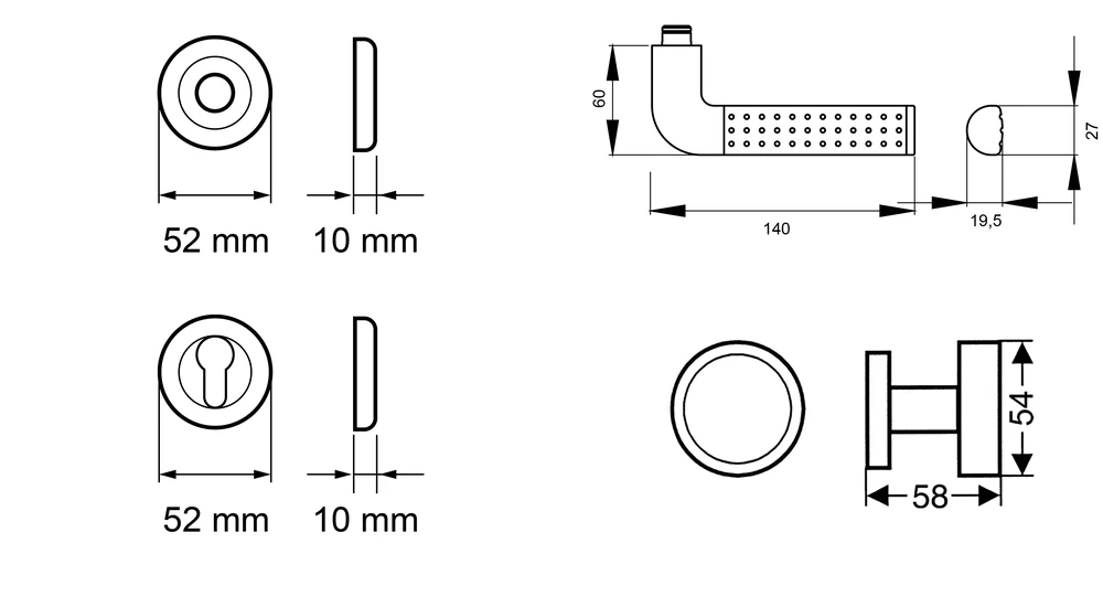 Technische Zeichnung [R40 WGR 65] Karcher Drückergarnitur "Phoenix" R40 (Wechselgarnitur rechts)