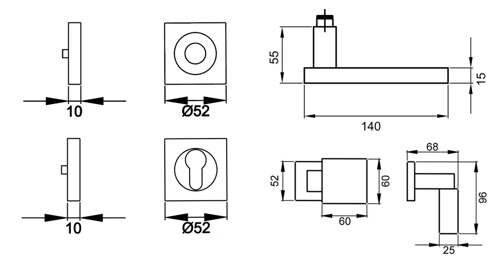 Technische Zeichnung [R53QY WGL 83] Karcher Drückergarnitur "Torino" R53QY (Kosmos Schwarz, Wechselgarnitur links)
