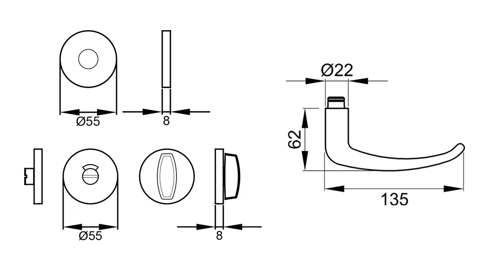 Technische Zeichnung [EPRO22 BAD55 71] Karcher Drückergarnitur "Elba" EPRO22 (Bad/WC (Türstärke 55–75 mm))